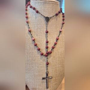Catholic Religious Praying  Rosary Necklace with  Hematite Cross Pendant